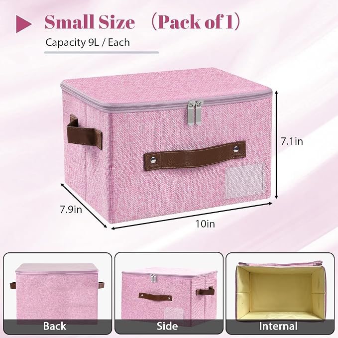 ANMINY Storage Bins with Zipper Lid Storage Boxes with Label Holder PU Leather Handles Washable Foldable Decorative Lidded Cotton Linen Fabric Cubes Baskets Closet Organizer - Pink, Small