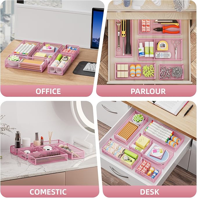 Marbrasse 5 Pack Desk Drawer Organizer Set, Mesh Drawer Storage Trays with 1 Adjustable Divider, Desk Organizers and Accessories, 5 PCS Drawer for Office Supplies, Makeup & Vanity (Pink)
