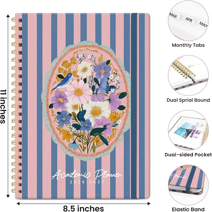 Planner 2026-2027, Hardcover Monthly and Weekly Academic Planner July 2026 - June 2027, Teacher and Student Calendar Agenda Book with Tabs, A5 (6.3" x 8.5"), Ideal for School and Office, Floral Planner, Floral Reverie