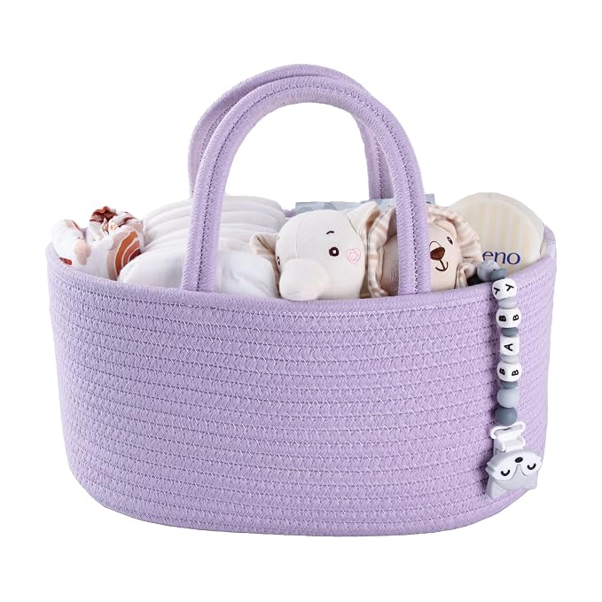 Baby Diaper Caddy Organizer Cotton Rope Nursery Storage Bin Basket Portable Holder Tote Bag for Changing Table Car Travel Baby Shower Gifts Newborn Essentials Registry Must Have Purple or Lavender