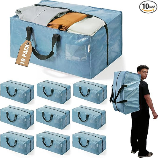 WORKPRO 10 Pack Extra Large Moving Bags with Zippers & Carrying Handles Backpack Straps, Heavy-Duty Storage Tote for Space Saving & Storage, Alternative to Moving Box (Dusty Blue)