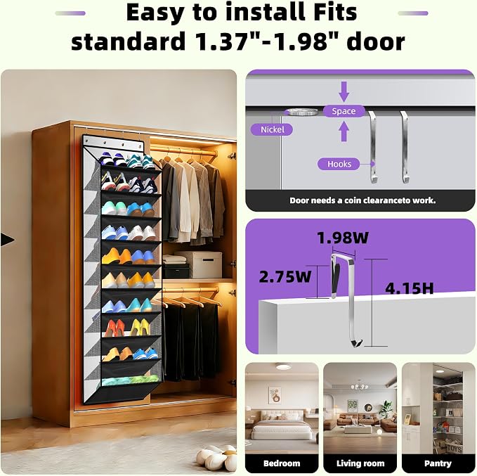PAULONE 10-Pocket Multi-Use Over the Door Organizer, Heavy Duty 95lbs Capacity with Breathable Mesh, Versatile Hanging Storage for Shoes, Toys, Office Supplies-Classic (Piano Gloss Black, 10-Shelf,)