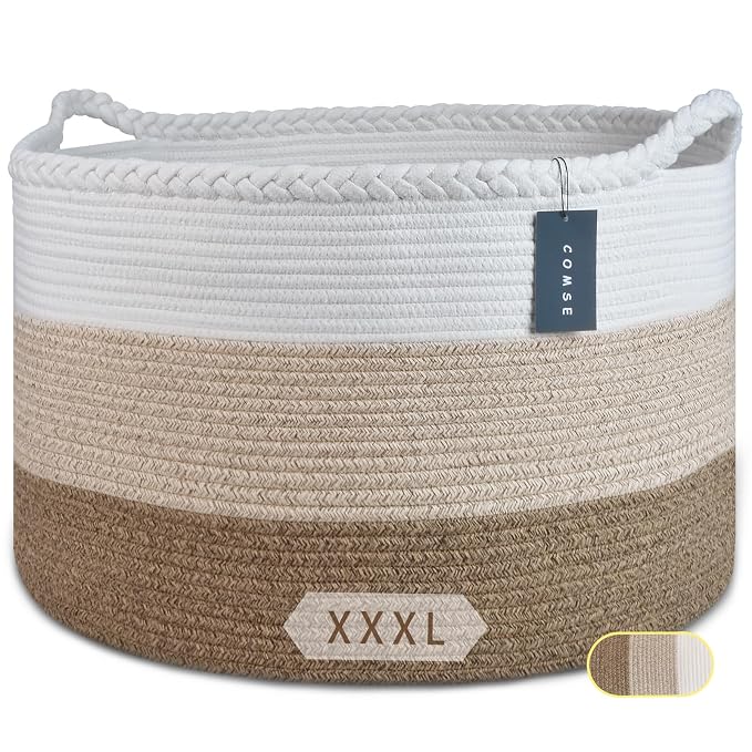 COMSE Extra Large Blanket Basket, Woven Laundry Basket, 21.7”x 13.8”, Nursery Hamper, Cotton Rope Laundry Hamper Living Room for Storage Toys Clothes Towels(White & Gradient Brown)