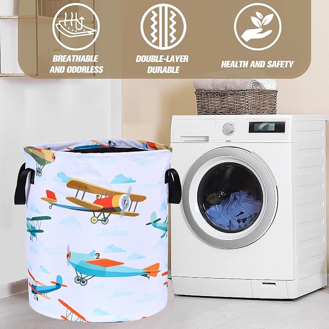 Funny Plane Laundry Basket Foldable Oxford Cloth Tote Bag Laundry Hamper Clothes Storage Bucket Organizer For Bathroom/Laundry Storage/Bedroom Storage Basket 18.9x16.5 Inch