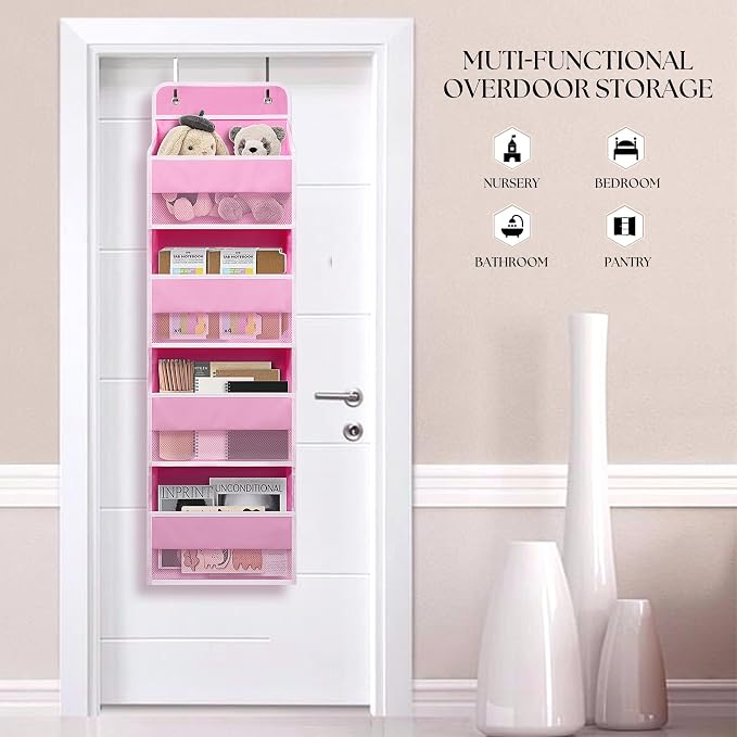 Giraffe Creation Compact Pink Over Door Organizer with 4 Large Clear Pockets, Compact Hanging Door Storage for Nursery, Bedroom, Bathroom, Closet, Baby Essentials