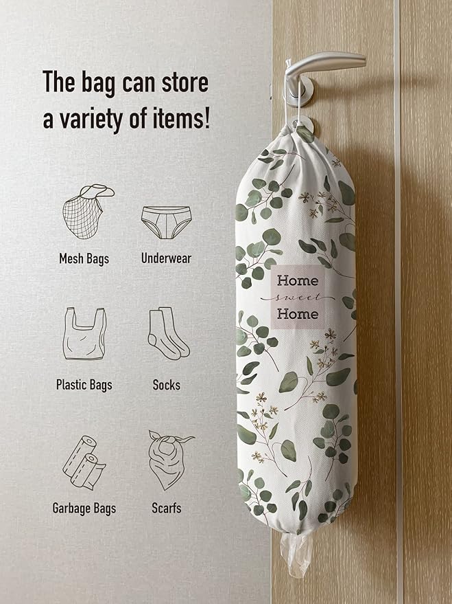 Hglian Grocery Bag Storage Dispenser,Eucalyptus Leaves Plastic Bag Holder,Garbage Shopping Trash bags Organizer,Farmhouse Sweet Home Kitchen Decor