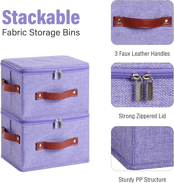 Storage Bin Box with Zippered Lid Cotton Linen Fabric Decorative Basket with PU Leather Handles PP Plastic Board Foldable Lidded Clothing Shelf Closet Organizer Container (Purple, Small)