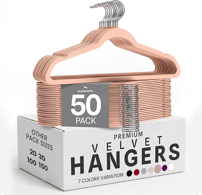 Utopia Home Velvet Hangers, Pink, 50 Pack | Luxury Non-Slip Slim Pant & Coat Hangers, Strong Space-Saving Clothes Hangers with Pants Bar and 360° Swivel Hook