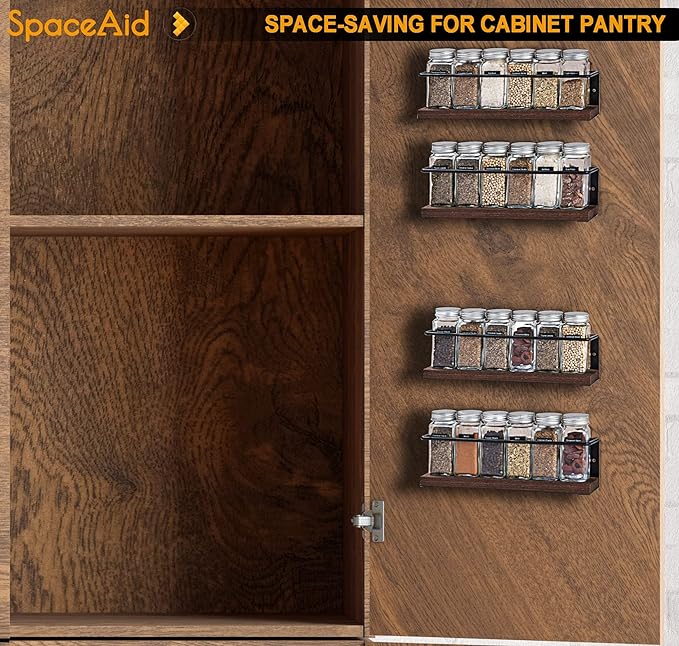 SpaceAid Spice Rack Organizer for Cabinet Door or Wall Mount (4 Pack) with 415 Spice Labels - Wood Hanging Seasoning Shelf for Cupboard Pantry or over the Stove