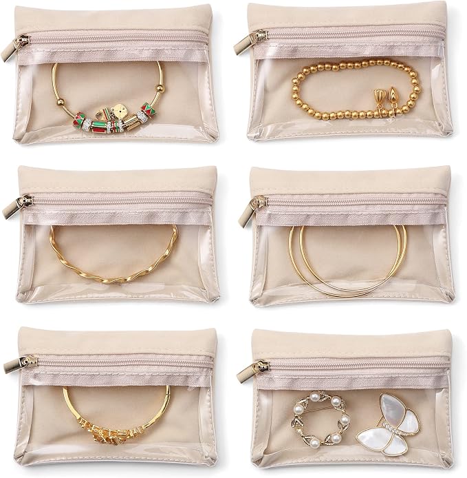 Vlando 6 Pcs Travel Jewelry Organizer Velvet Jewelry Pouch with Zipper Clear Travel Jewelry Bag for Travel Business Trip Jewelry Pouch for girls Mothers Day Gifts for Mom