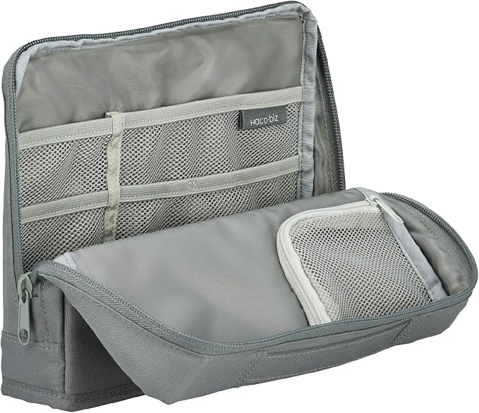KOKUYO Pencil Case Pouch, Haco-Biz Standing Pen Pouch Bag, Foldable Stand up Pencil Holder Organizer, Large Capacity Portable Pencil Box for Office Supplies, Gray