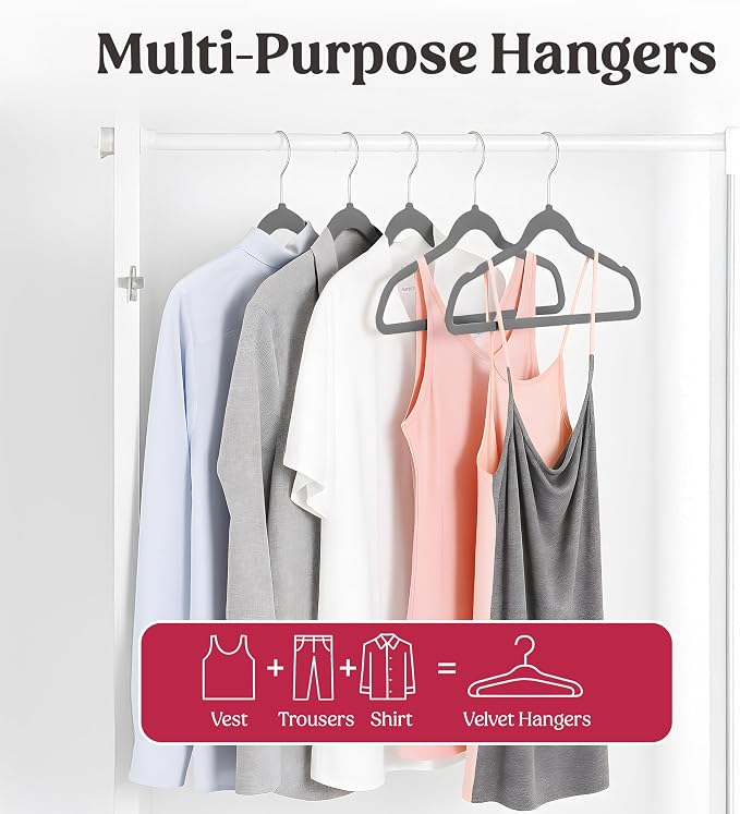 LDC Grey Velvet Hangers 30 Pack - Premium Non-Slip Clothes Coat Pants Felt Hanger for Closet - Heavy Duty Space Saving 360° Swivel Hook Hangars - Grey
