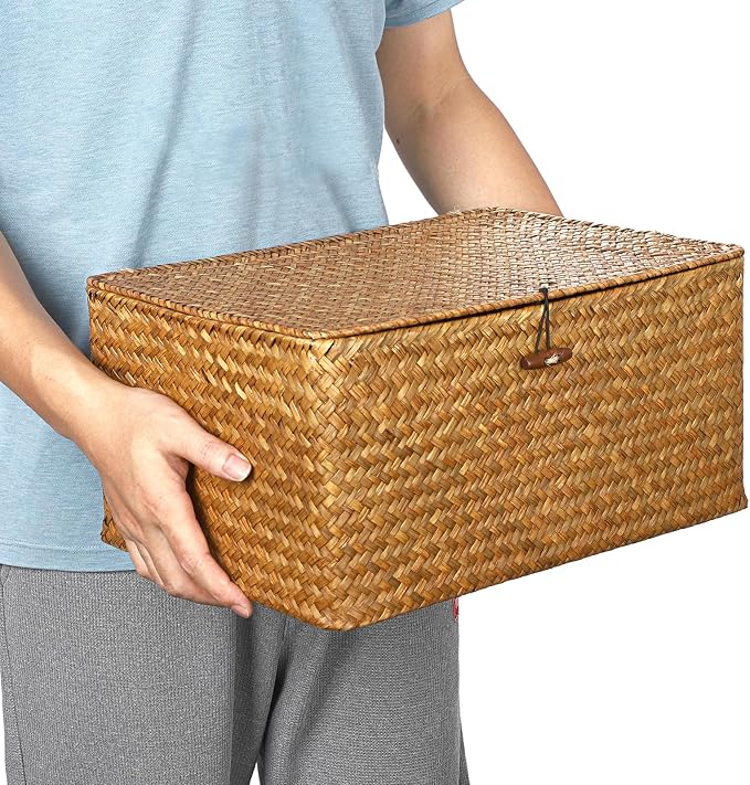 Hipiwe Wicker Shelf Baskets Bin with Lid, Handwoven Seagrass Basket Storage Bins Rectangular Household Basket Boxes for Shelf Wardrobe Home Organizer, Caramel X-Large