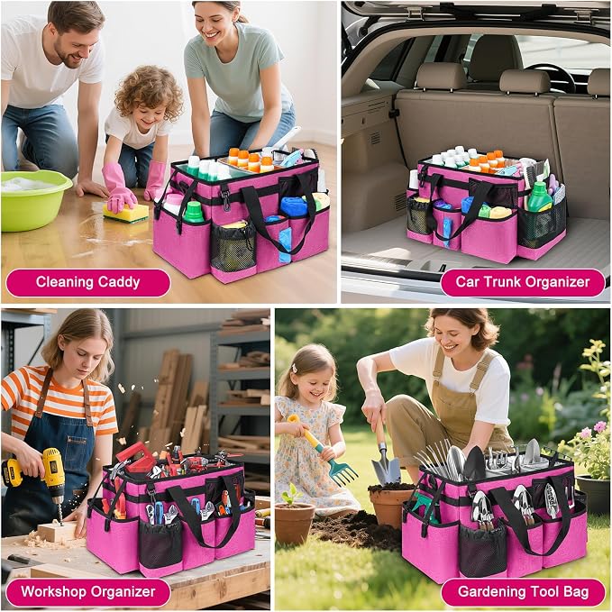 Cleaning Caddy Bag, Large Cleaning Supplies Organizer for Housekeepers, Housekeeping Caddy with Handle and Detachable Padded Cushion, Pink