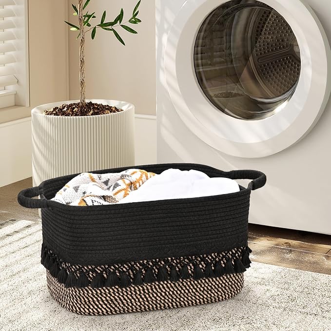 3 Pack Storage Basket for Shelves, Boho Cotton Rope Storage Bins with Heavy Tassel, Shelf Baskets Large Woven Baskets for Organizing, Cube Organizer Bins, Baby Laundry Basket for Clothes, Toys, Pets