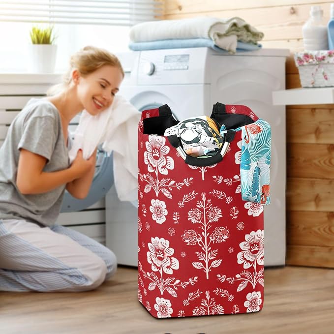 Geometric Arrangement Of White Florals Large Laundry Hamper Basket, Collapsible Laundry Bag Storage Bins Baskets with Handles for Laundry, Bedroom, Home Decor