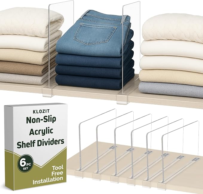 6- Pack Clear Acrylic Shelf Dividers-Non-Slip Closet Organizers for Sweaters, Bags, Towels- Shelf Separators for Bedroom, Kitchen, Office