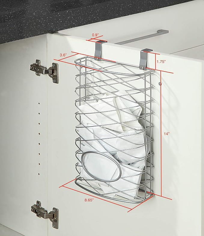 SunnyPoint Over Cabinet Kitchen Storage Organizer Holder or Basket - Hang Over Cabinet Doors in Kitchen/Pantry - Holds up to 50 Plastic Shopping Bags (SILVER)