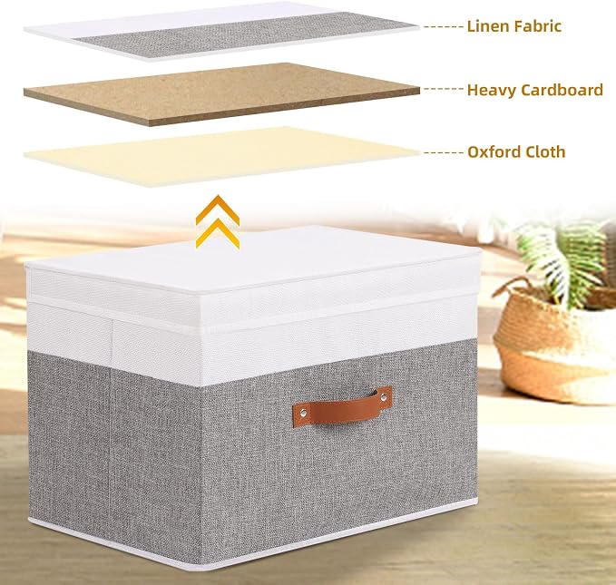 Storage Bins with Lids,White/Grey Baskets,3Pack,15x9.8x9.8In | Storage Baskets with Handles,Fabric Clothing Boxes, Collapsible Organizer,Closet Container Cubes for Shelves Wardrobe