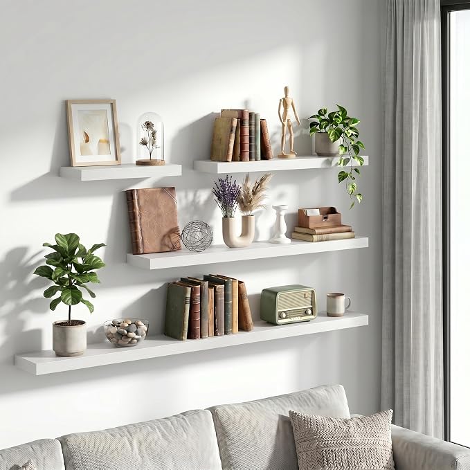 Vivelove 30 Inch Floating Shelves Wall Mounted for Display, 6.5 Deep Duty Shelves with Invisible Brackets for Living Room,Bedroom,Kitchen, Bathroom Storage & Decor,30" Wx6.5 Dx1.4 H - White
