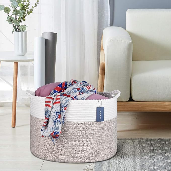 COMSE Extra Large Blanket Basket, Woven Laundry Basket, 21.7”x 13.8”, Nursery Hamper, Cotton Rope Laundry Hamper Living Room for Storage Toys Clothes Towels (White & Light Brown)