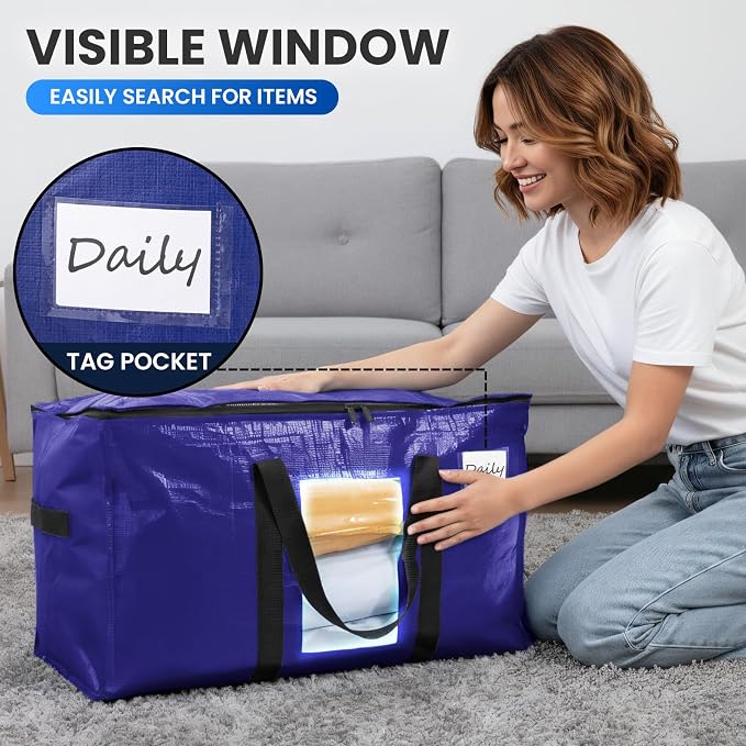 TAILI 2 Pack Dark Blue Extra Large Moving Bags, Heavy Duty Totes with Visible Window, Wrap Around Handles, Great for Storage