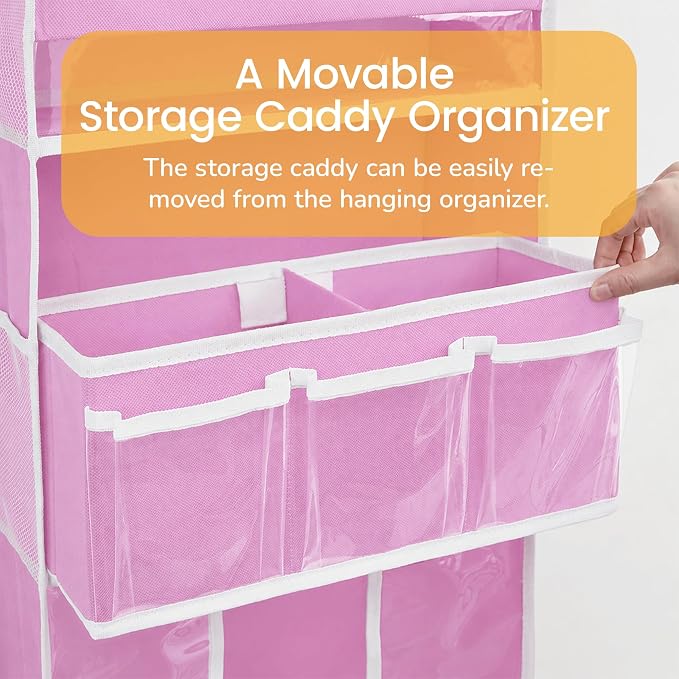 Door Hanging Storage Organizer with 3Bins1 Movable Baby Diaper Caddy,1Large capacity diaper stacking storage Organizer,10Side Pockets,Suitable to Store All Items,Bedroom Nursery Essentials. (Pink)