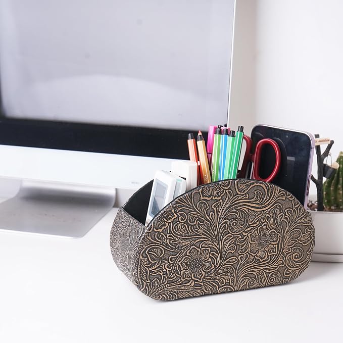 Remote Control Holder, PU Leather Remote Caddy Desktop Organizer with 5 Spacious Compartments for TV Remotes/Media Controllers/Office Supplies (1-Carved Copper Gold