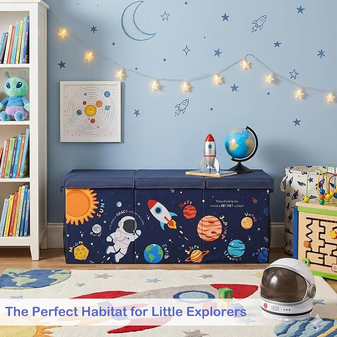 Unicorn Castle Toy Box with Adjustable Divider Toy Chest Storage Large Toy Storage Organizer Bin Collapsible with Lid Pockets for Nursery Playroom,Blue Astronaut