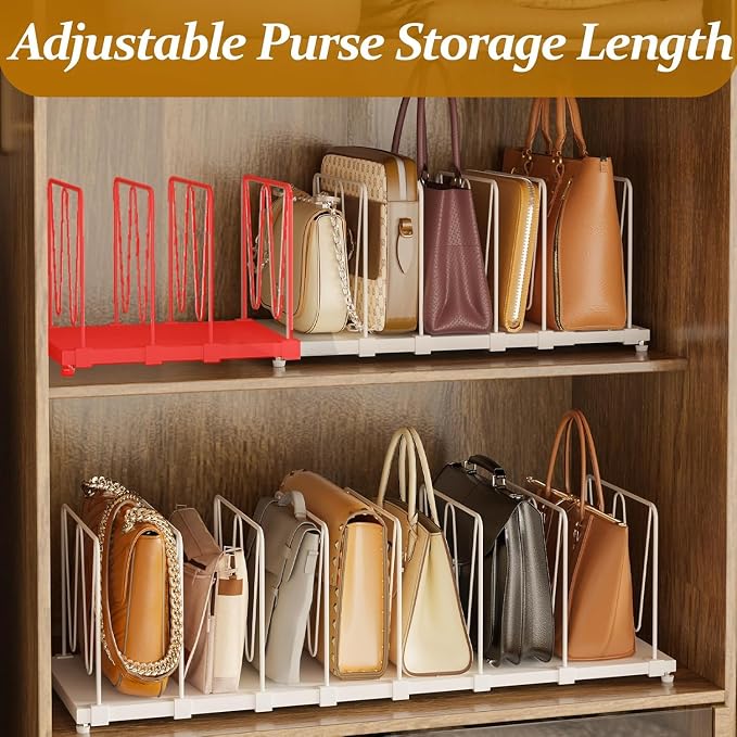 Dmevkic Extendable Purse Organizers Purse Storage. Length 15-27inch. Bag Organizer Purse Holder for Closet with 8 Adjustable Shelf Dividers（White）
