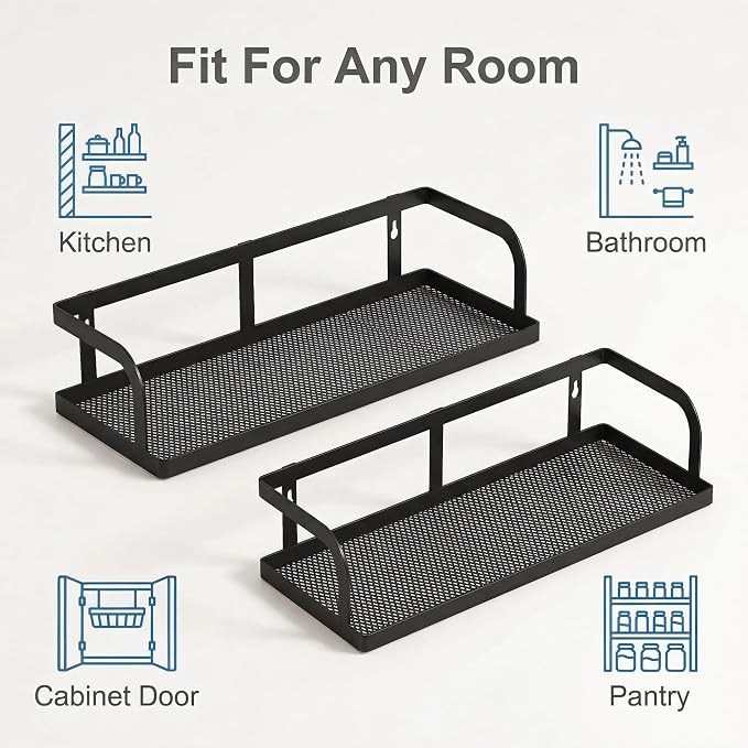 PUSDON 2-Pack 16.5" Extra Long Slim Hollowout Shower Caddy, Wall Mount Spice Rack & Bathroom Organizer, Mesh Bottom Cabinet Door Shelf Holds 50LBS - Matte Black, Hollowout
