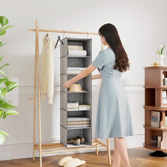 Hanging Closet Organizer 6-Shelf, Oxford Linen Wardrobe Storage, Gray | Easy-mount foldable design holds clothes, handbags, shoes & accessories; washable Oxford fabric, sturdy and space-saving.