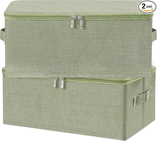 ANMINY 2PCS Storage Bins with Zipper Lids 13 Qt Lidded Fabric Storage Boxes Baskets Cubes with Handles Collapsible Washable Cotton Linen Closet Shelf Clothes Organizer Containers - Green, Small