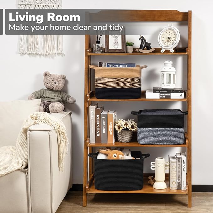 Goodpick Woven Storage Baskets for Organizing, Cotton Rope Organizer for Living Room, Closet Storage Bins for Toys Books, Rectangle Laundry Basket with Handles, 13"x10"x9", Black & Gray