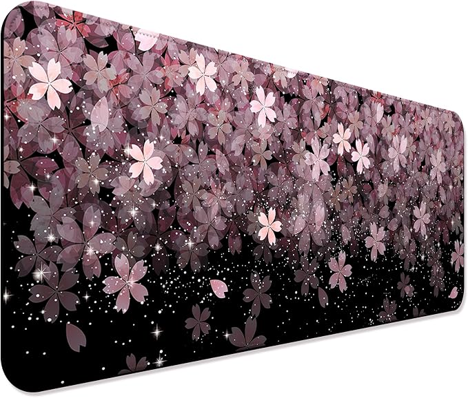 Japanese Cherry Blossom Gaming Desk Mat, Computer Keyboard Large Extended Flowers Mouse Pad for Office and Home, 31.5×11.8 Inches, XL, Black