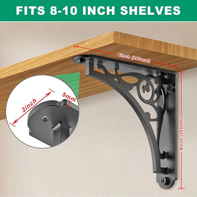 SELEWARE Black Heavy Duty Shelf Brackets, L 8" x H 8" x W 2" Wall Mount Decorative Shelving Brackets, 1/5" Thick Metal L Brackets with Mounting Hardware for DIY Floating Shelf (Classic A, 2 Pack)