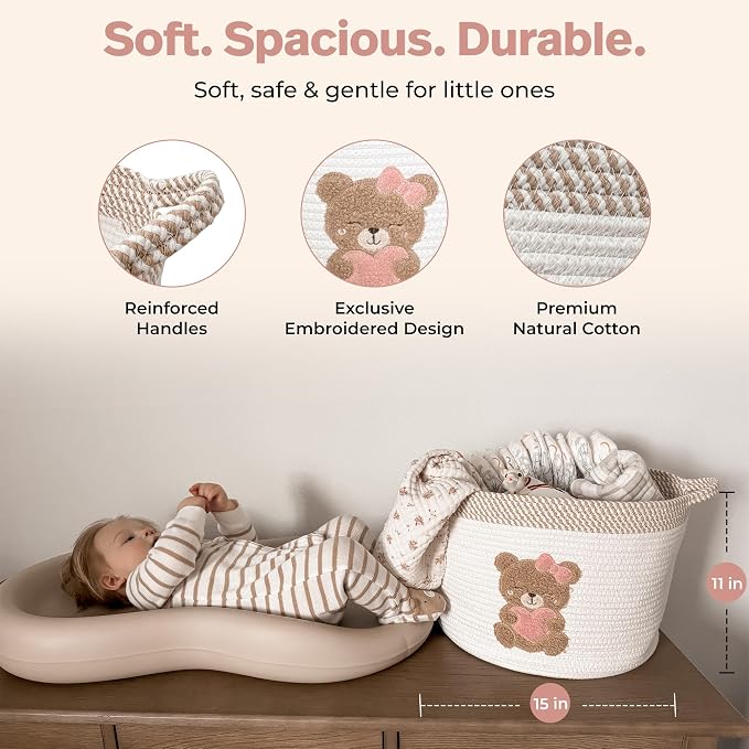 Pink Teddy Bear Storage Basket for Baby Girl Nursery – 15"x11" Cotton Rope Bin with Embroidered Bear Patch – Toy Organizer, Baby Laundry Hamper, Blanket & Diaper Holder – Foldable & Washable