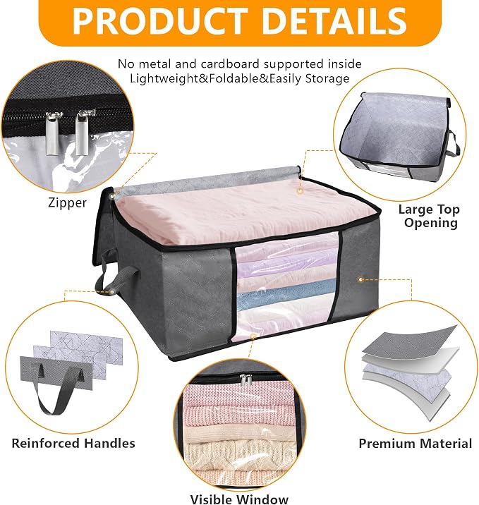 BiCINE 6 Pack Clothes Storage Bags with Zipper, Foldable Blanket Storage Box with Clear Window Reinforced Handles for Closet, Dorm, Pillows, Bedding, Sheet, Comforter, 45L Gray