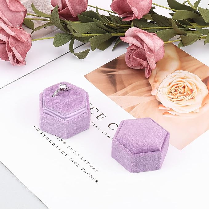 DesignSter Hexagon Velvet Ring Bearer Box - Premium Gorgeous Vintage Double Ring Display Holder with Detachable Lid for Proposal, Engagement, Wedding, Ceremony (Lilac)
