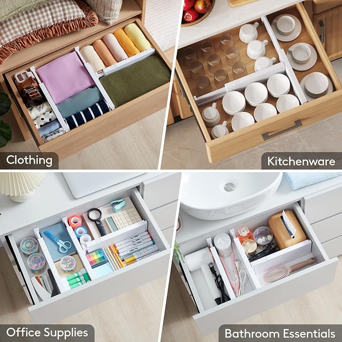 Lifewit 8 Pack Upgrade Drawer Dividers for Clothes, 4" High 11"-17" Adjustable Dresser Drawer Organizers, Expandable White Plastic Drawer Separators for Kitchen, Nursery, Office Organization & Storage