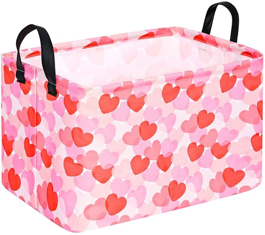 Rectangular Valentines Basket Storage Bin for Shelves Girls Gifts Baskets Foldable Box with Handles for Home Office Car Dormroom Valentine's Day Party Supplies