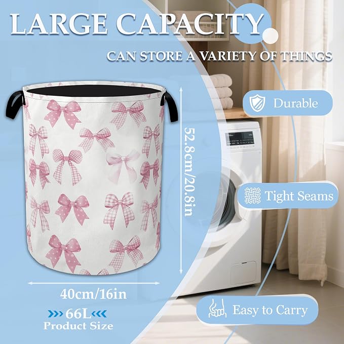 Pink Bowknot Laundry Basket Collapsible Laundry Hamper, Oxford Cloth Storage Bin for Room/Bathroom/Bedroom/Dormitories 16" X 20.8"