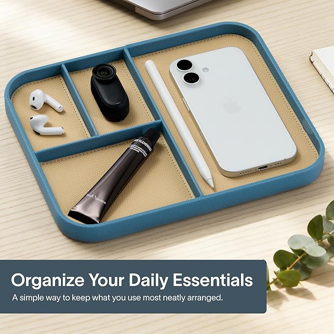 Nordik Leather Valet Tray - Nordik Blue - 9.5 x 7.9 Inch Medium Vegan Leather Tray - Stylish Nightstand Organizer for Men - Modern Bedside Caddy - EDC Catchall for Key Watch Wallet Jewellery