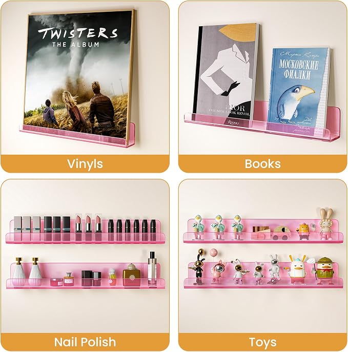 Vinyl Record Wall Mount Shelves, 12 inch Vinyl Holder, 8 Pack, Pink | Acrylic Floating Shelves for Album Record Storage Display, Wall Decor, Magazine Rack, Kids Bookshelf, Picture Ledge
