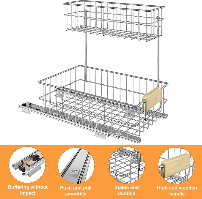 Pull Out Cabinet Organizer, Under Sink Slide Out Storage Shelf with 2 Tier Sliding Wire Drawer, Sliding Storage for Inside Kitchen Cabinet- 11.5 in. W x 21.5 in. D (Right)