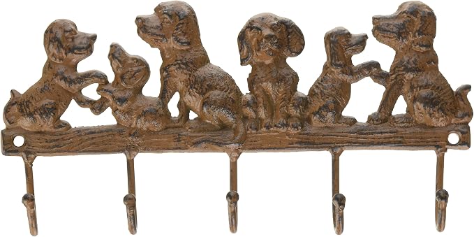 Lulu Decor, Cast Iron 5 Dog Key Hooks, Ideal for Dog Lovers Heavy Duty Hooks, Decorative Hooks - Wall Mount Leash Holder for Wall Storage - Stylish Key Holder (Antique Brown)