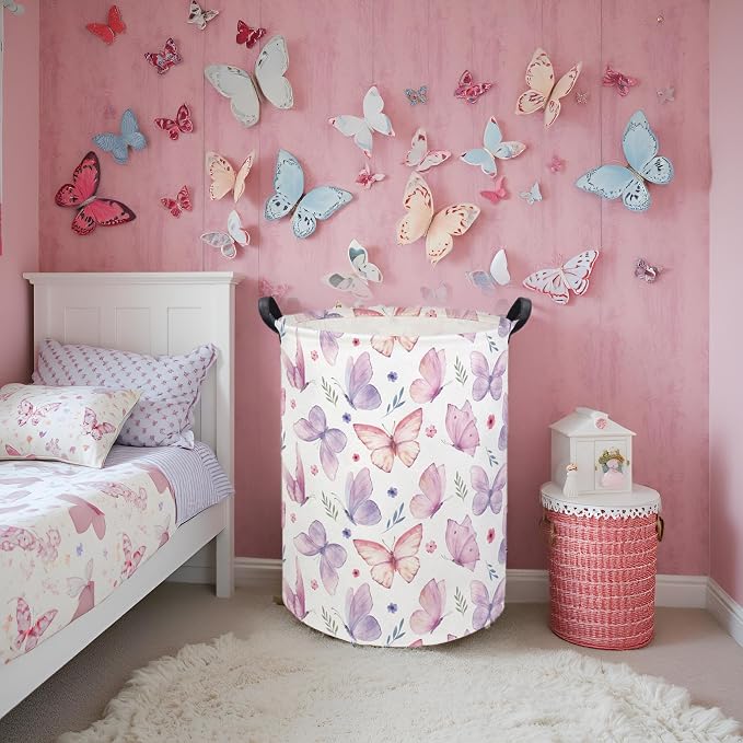 Butterfly Baby Laundry Basket Baby Hamper for Nursery Girl Kids Butterfly Hamper Cute Kids Toys Storage Bin Organizer Butterfly Room Decor for Home(Watercolor Butterfly)