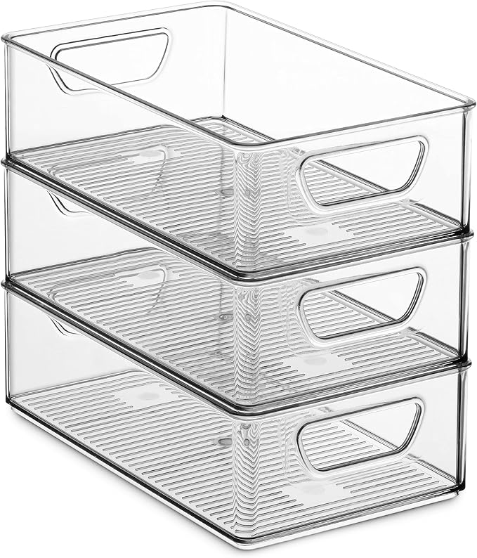 Set Of 6 Refrigerator Organizer Bins - Stackable Fridge Organizers with Cutout Handles for Freezer, Kitchen, Countertops, Cabinets - Clear Plastic Pantry Food Storage Rack