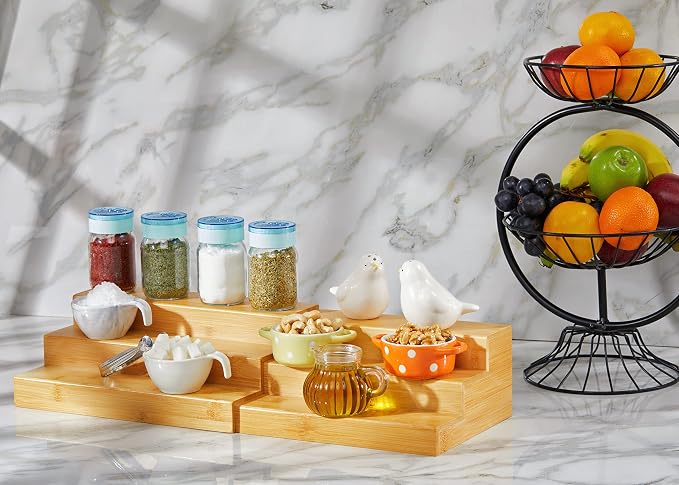 RoyalHouse Bamboo Expandable Spice Rack Organizer, 3-Tier Adjustable Kitchen Cabinet, Countertop Display Shelf, Space Organizer for Kitchen and Bathroom