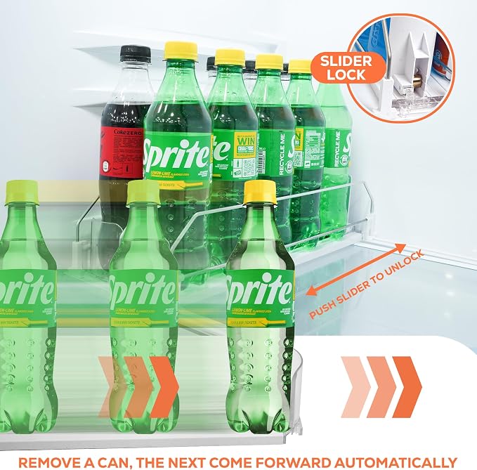 Fridge Organizer for Drinks, Upgraded Design of Fridge Can Organizer with Larger Stopper Height. Width Adjustable Automatic Can Holders for Fridge with Lock. Holds 10 Cans (2 Rows, White)